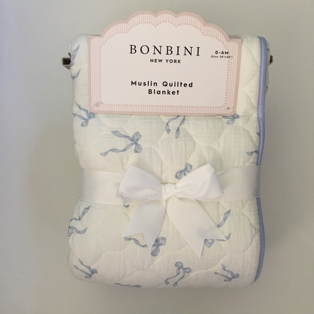 Cotton Muslin Quilted Baby Blanket Blue Bows Theme Bonbini Baby Gift 0-6M NEW